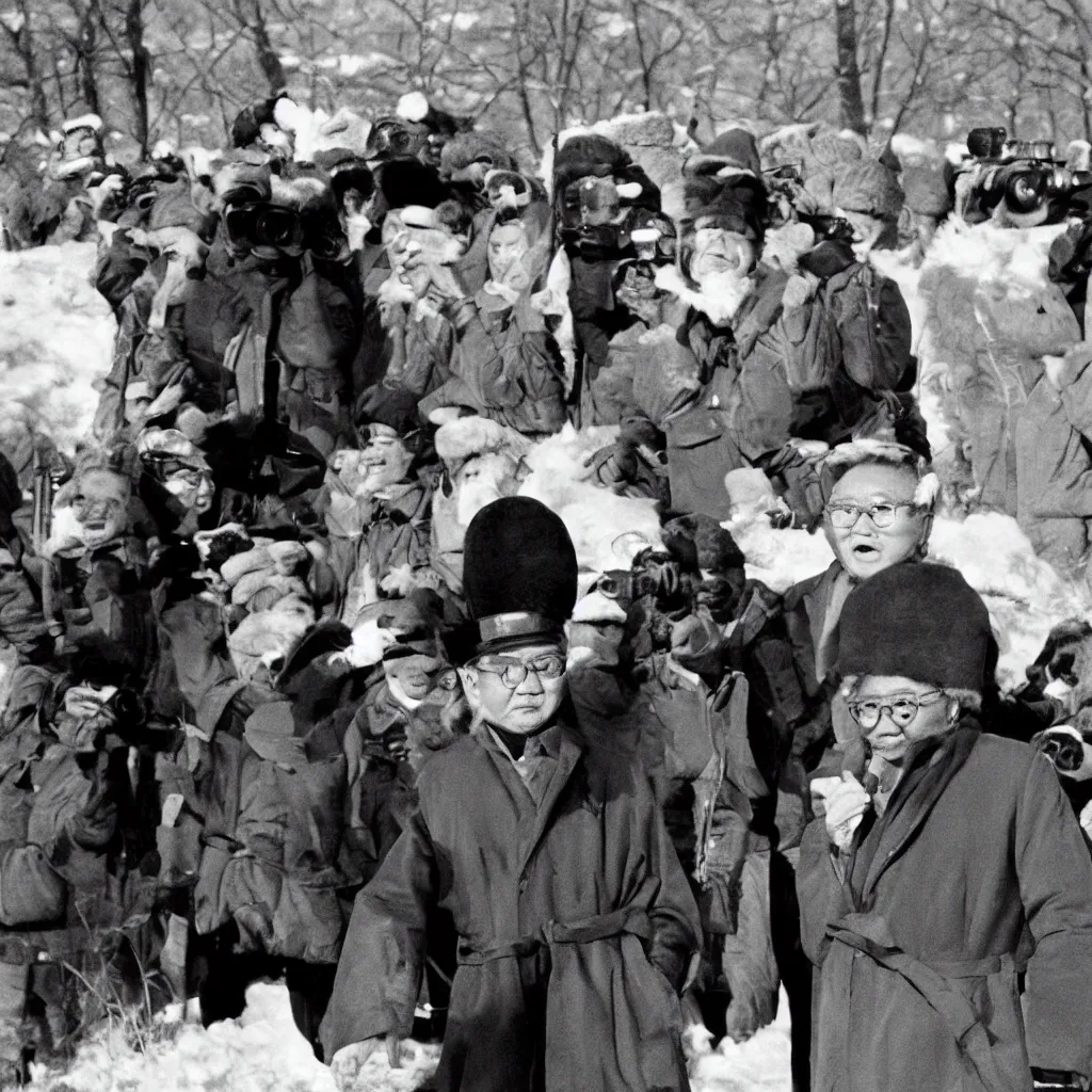 Image similar to filmstill of Kim Jong-il wearing a furry chapka and playing the role of Omar Sharif in Doctor Zhivago by David Lean, 1965, cinemascope, Eastman Color Negative 50T 5251 Neg. Film, epic romance