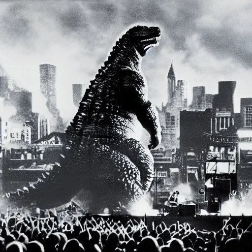 Prompt: Godzilla in the background of a Beatles concert, HD, high resolution, hyper realistic, 4k, intricate detail