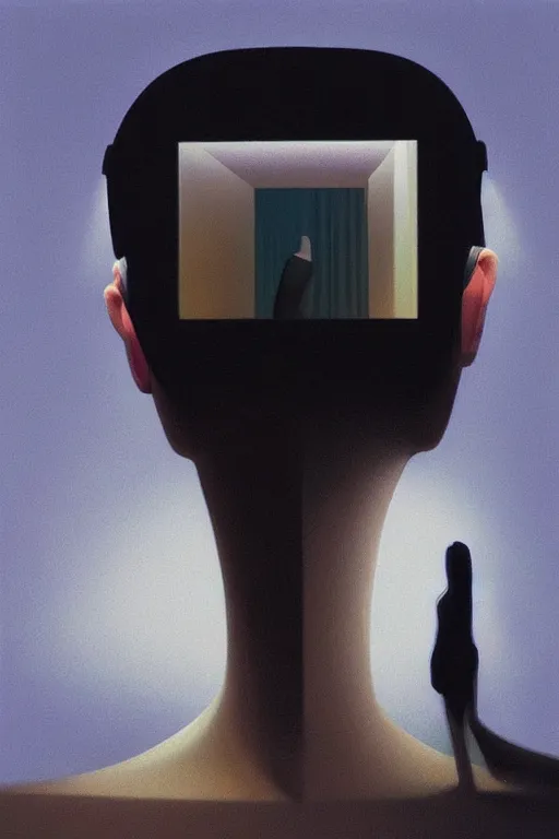 Image similar to woman wearing oculus and digital glitch head edward hopper and james gilleard, zdzislaw beksisnski, higly detailed