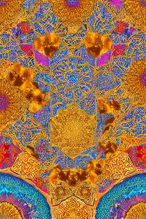 Image similar to hyper-detailed maximalist abstract islamic art, 8k, 3d, ochre colour pallet