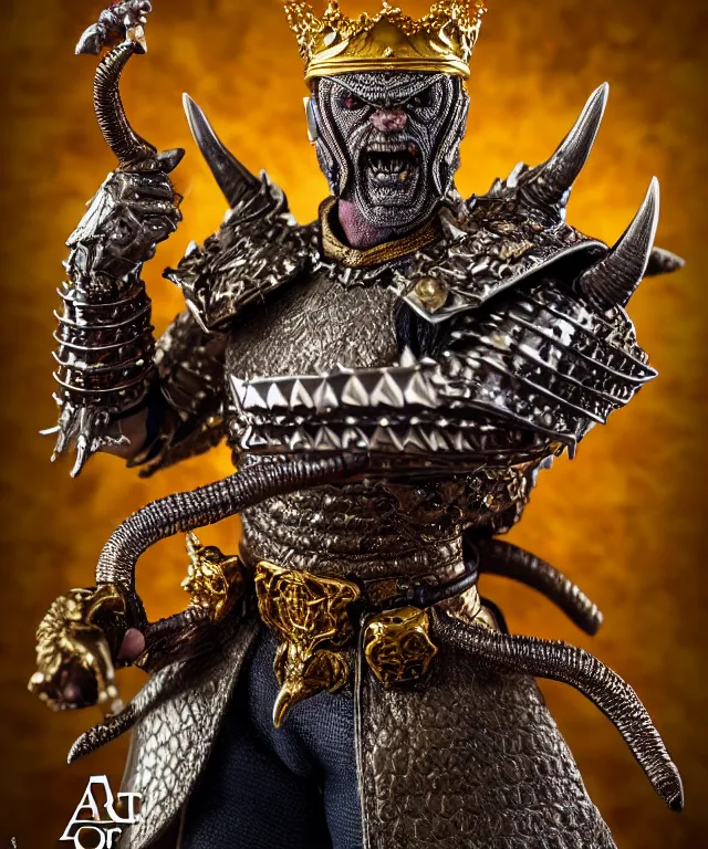 Image similar to hyperrealistic rendering, epic boss fight, ornate king emporer, jewel crown, war armor battle, demon lord, by art of skinner and richard corben, product photography, collectible action figure, sofubi