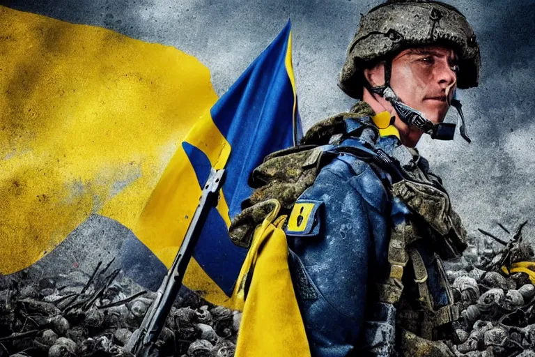 Image similar to promotional illustration of Ukrainian fully equiped soldier with blue and yellow flag standing on a pile of skulls in victory after battle in the new movie directed by <Michael Bay>, <fully equiped professional soldiers>, detailed face, movie still frame, promotional image, imax 70 mm footage