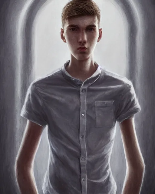 Image similar to portrait of 1 5 - year - old boy, a tall, slender boy with a pale, pointed face, white - blond hair, cold grey eyes, wearing in shirt hyper realistic face, beautiful eyes, fantasy art, in the style of greg rutkowski, intricate, hyper detailed, smooth