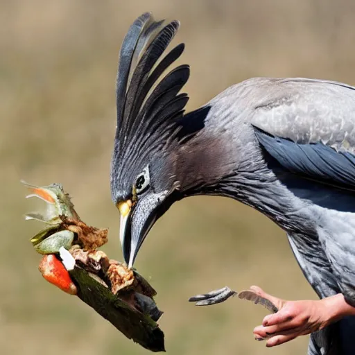 Prompt: enormous bird stealing food from person