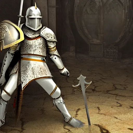 Image similar to a fantasy crusader knight in a broken down chapel holding a sword