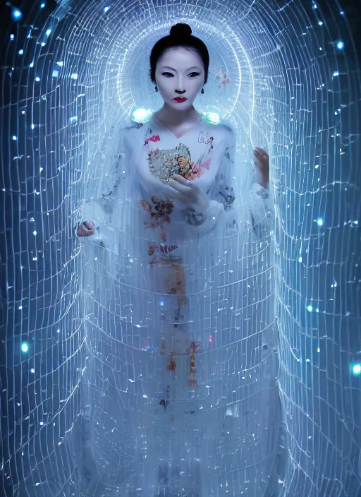 Image similar to photo shoot pose photo of beautiful Chinese ancient princess standing in the corridor in the space ship, symmetrical face, big eyes and lips, looking down, subtle makeup, clean face and body skin,ecstatic expression, ornamental jewelry and ancient translucent clothes, futuristic space ship interrior, wires with lights,depth of field, lens flares, dust in the air, moody lighting, intricate, elegant, highly detailed, centered, smooth, sharp focus, Donato Giancola, Joseph Christian Leyendecker, WLOP, Boris Vallejo, Artgerm moody photography, old photo, black and white, sepia, cinematic lighting, cinematic angle, editorial photography