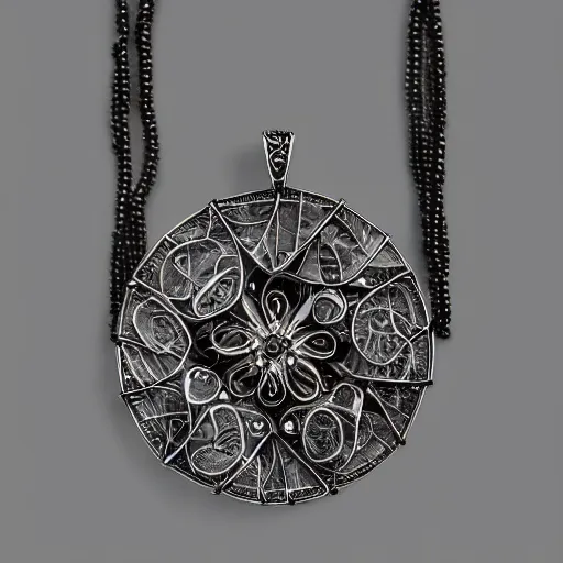 Image similar to an intricate pendant made out of bones, studio photography, black background, faint glow, volumetric