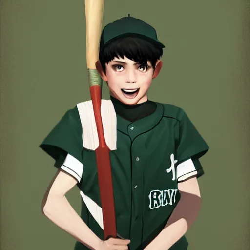 Prompt: a teen boy with black hair and green eyes in a baseball uniform clutching a baseball bat while smiling. Kuvshinov ilya. Geoffroy Thoorens.