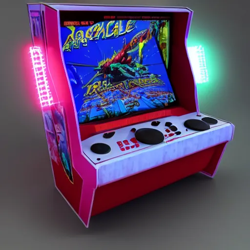 Image similar to 1990s arcade machine, octane render, unreal engine, digital art, Artstation, Trending on Artstation, Artstation HQ, Artstation HD, cgsociety, Pinterest, 8k , close up to the screen, wide angle, godrays, volumetric, reflections, cinematic, epic, ultra realistic, accurate, coherent, 3D Render,