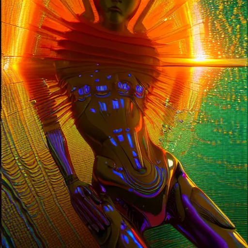 Prompt: trippy female machine droid bathing in ocean waves of glossy liquid stardust flowing like psychedelic plasma, lsd waves, lsd ripples, backlit, dramatic, refracted lighting, volumetric lighting, 8 k octane beautifully detailed render, post - processing, extremely hyper - detailed, intricate, epic composition, cinematic lighting, scifi art by alphonse mucha