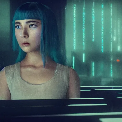 Prompt: A hologram of Hatsune miki in blade runner 2049, still from the movie