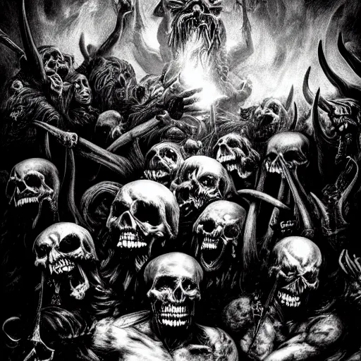 Image similar to an epic scene of blasphemy and abominations, black and white, demons, skulls, death, corpse, devils, unholy,