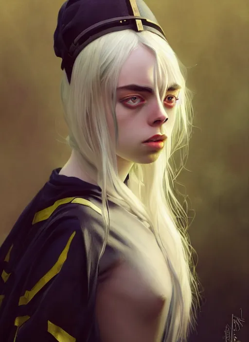 Image similar to Overlord Billie Eilish, highly detailed, digital painting, artstation, concept art, sharp focus, illustration, art by wlop and J. C. Leyendecker and Edmund Bliar Leighton and Charlie Bowater