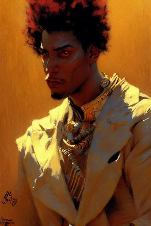 Image similar to attractive male, character design, colorful, afrofuturism, painting by gaston bussiere, craig mullins, j. c. leyendecker