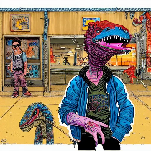 Prompt: intricate detailed color illustration of a cyberpunk street kid with a pet dinosaur, in the style of Geof Darrow