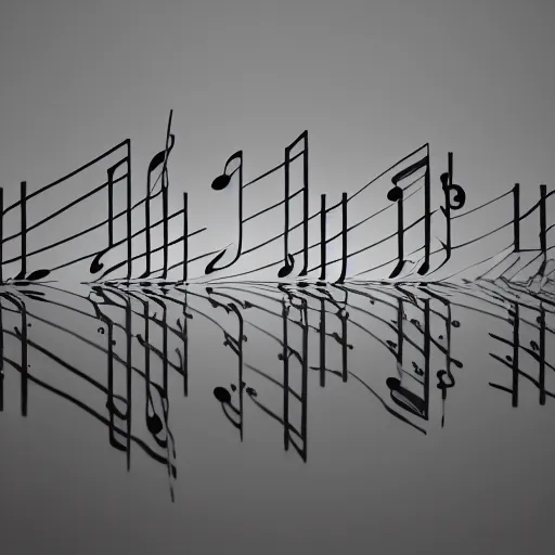 Image similar to a sculpture of music notation, three quater notes, art installation, made of polished reflective broze, cinematic light, rain, 8 k, octane render, reflections,