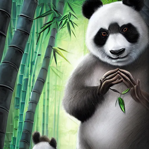 Prompt: photorealistic dramatic fantasy digital painting of a hybrid creature who is part anthropomorphic panda and part beautiful chinese woman, in the moonlit bamboo forest at night. fusion of humanoid panda and human. highly - detailed professional art.