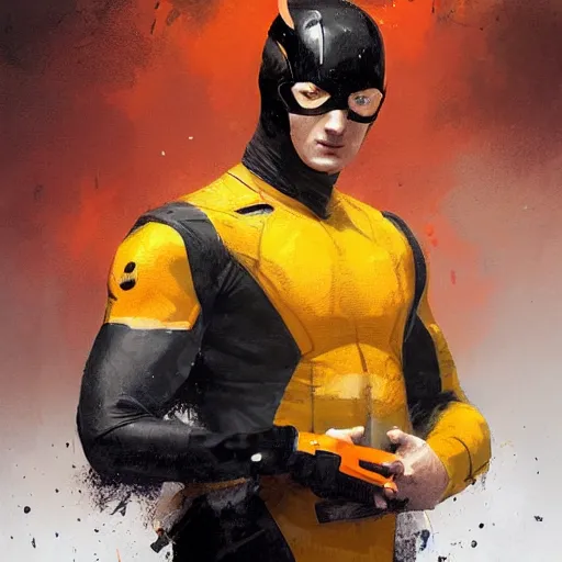 Image similar to portrait of a superhero by greg rutkowski, he looks like miles teller, he is wearing a black, orange and yellow kevlar gear, highly detailed portrait, digital painting, artstation, concept art, smooth, sharp foccus ilustration, artstation hq