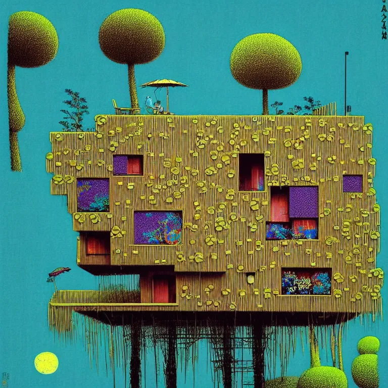 Image similar to surreal glimpse into other universe, a house by kengo kuma on an island, summer morning, very coherent and colorful high contrast, art by!!!! gediminas pranckevicius!!!!, geof darrow, floralpunk screen printing woodblock, dark shadows, hard lighting, stipple brush technique,