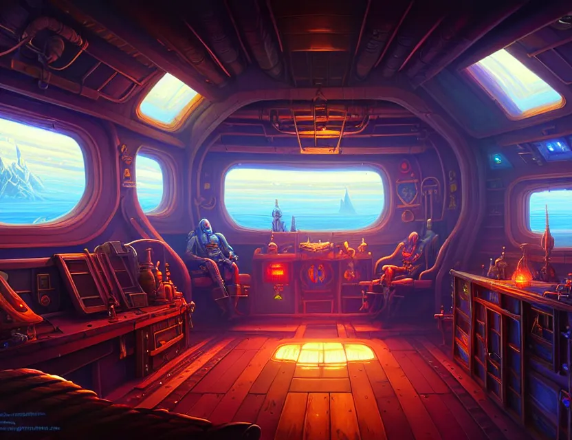 Image similar to interior view in the captain's cabin of a flying ship, d & d spelljammer fantasy art, artstation contest winner, beautiful digital painting in the style of dan mumford, art by kev chan, volumetric lighting, concept art, speedpainting, fantasypunk, deep colors, cgsociety, by gerald brom