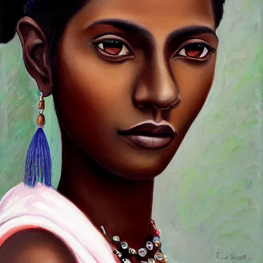 Prompt: A portrait of a thin trendy and gorgeous non-binary person, dark skin tone, Indian, oil painting, majestic, detailed, high resolution