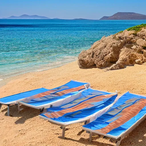 Image similar to beds on Elafonissi Beach in crete, 8k resolution, hyper detailed