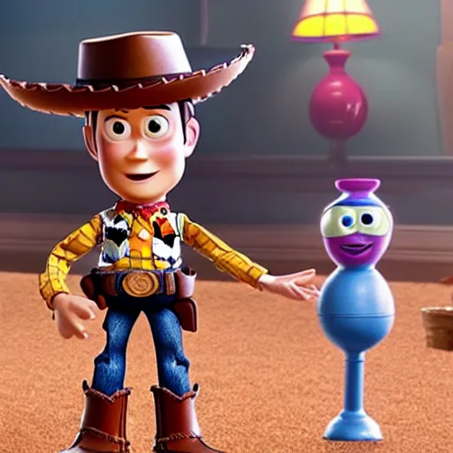 Prompt: film still of a boy playing with cowboy doll woody in toy story 4 movie 2 0 1 9