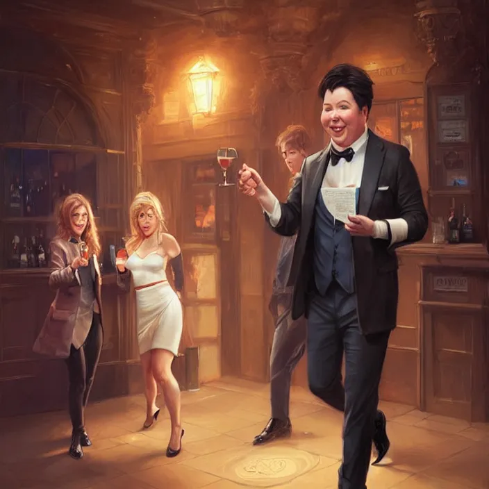 Image similar to portrait of michael mcintyre leaving a bar holding a singing waitress, elegant, real life skin, intricate artwork, high detailed, artstation, concept art, smooth, sharp focus, art by artgerm and greg rutkowski