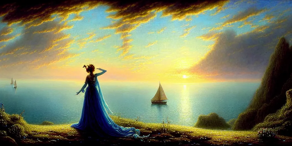 Image similar to an elegant fairy queen in a blue lace dress dancing looking out at a lord of the rings scenery landscape, staring across the sea at a sail boat, sunrise, god's rays highly detailed, vivid colour, soft clouds, floral sunset, cinematic lighting, perfect composition, gustave dore, derek zabrocki, greg rutkowski, belsinski