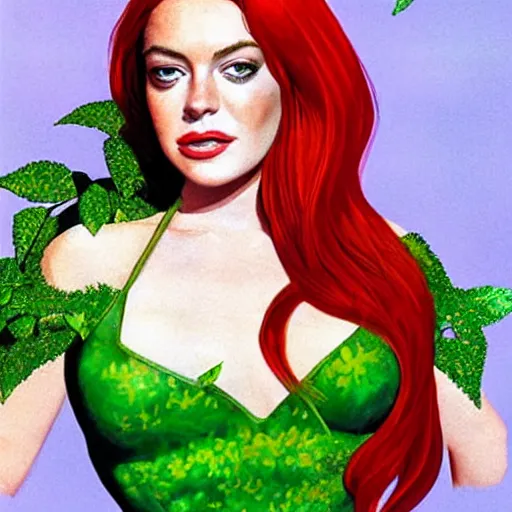 Image similar to portrait of lindsay lohan as poison ivy, wearing a green dress and floral growths, epic details by alex ross