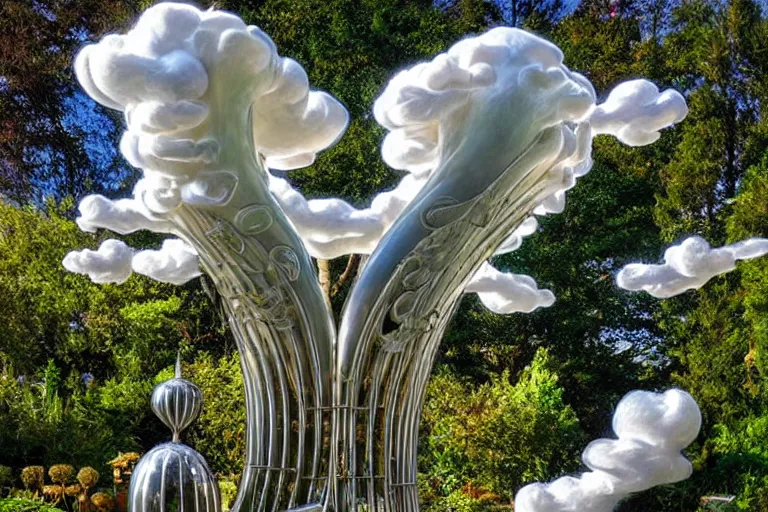 Image similar to a flock of intricate elegant tuba cloud sculptures, art nouveau garden environment, soothing, milky way, award winning art, epic dreamlike fantasy landscape, ultra realistic,