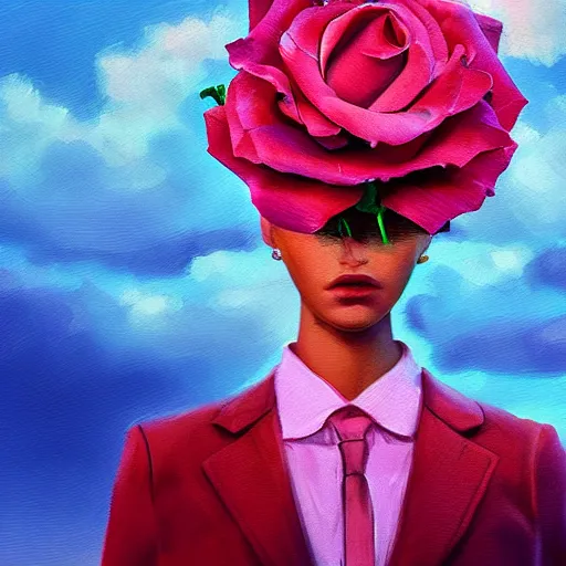 Image similar to closeup, giant rose flower head, frontal, girl in a suit, surreal photography, sunrise, blue sky, dramatic light, impressionist painting, digital painting, artstation, simon stalenhag