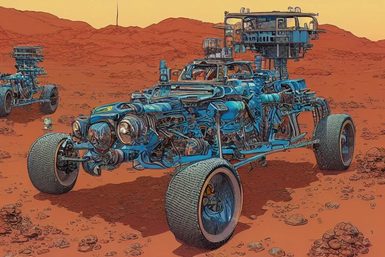 Prompt: a detailed painting of a martian hot - rod, by moebius and geof darrow, cinematic, concept art, detailed, intricate lines, trending on artstation