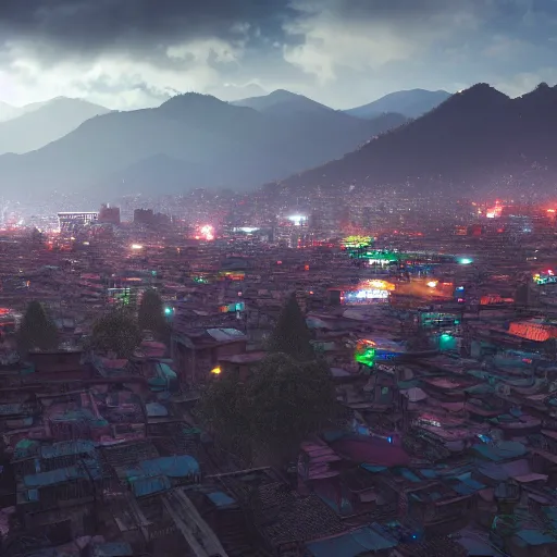 Image similar to a landscape image of kathmandu in a style of cyberpunk, highly detailed, cinematic lighting, hyperrealistic, 4 k, digital art