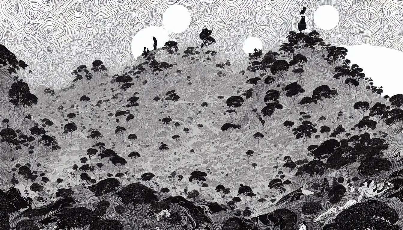 Prompt: darjeeling by nicolas delort, moebius, victo ngai, josan gonzalez, kilian eng