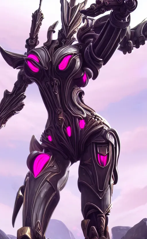 Image similar to extremely detailed giantess shot, close front shot, of a goddess that's a giant beautiful stunning anthropomorphic robot female dragon, standing majestically on a mountain, elegant pose, robot dragon claws, streamlined pink armor, detailed sharp metal claws, thick warframe thighs, long elegant tail, detailed warframe fanart, destiny fanart, high quality digital art, giantess art, furry art, warframe art, Destiny art, furaffinity, DeviantArt, artstation, 8k HD, octane render