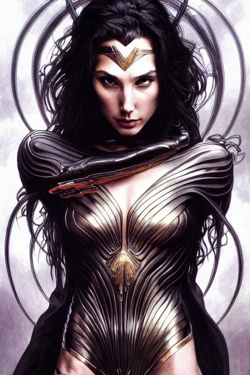 Prompt: very very beautiful longshot photo of chthonic Gal Gadot with demonic eyes and black veins, intricate, elegant, highly detailed, artstation, concept art, smooth, sharp focus, illustration, art by artgerm and moebius and alphonse mucha, Ayami Kojima, Beksinski, Giger