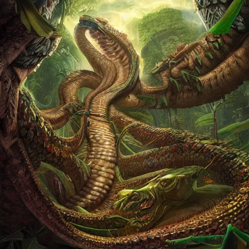 Prompt: digital painting of quetzalcoatl, by filipe pagliuso and justin gerard, jungle, fantasy, highly detailed, ominous, intricate, gigantic