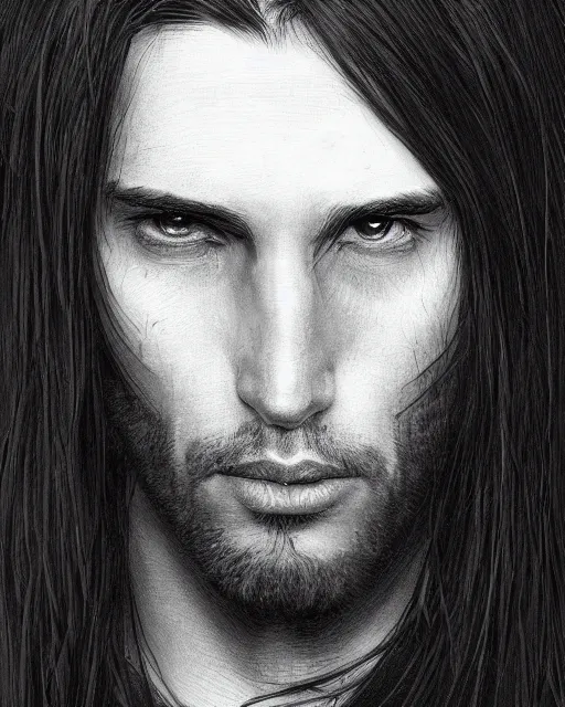 Image similar to portrait of tall, 3 3 - year - old handsome man with long black hair, grey eyes, wearing black clothes, hyper realistic face, beautiful eyes, close up, fantasy art, in the style of greg rutkowski, intricate, alphonse mucha, hyper detailed, smooth