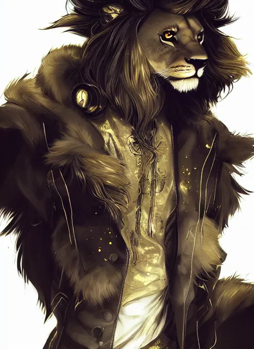 Image similar to award winning beautiful portrait commission of a male furry anthro lion fursona with a tail and a cute beautiful attractive detailed furry face wearing stylish black and gold cyberpunk clothes in a cyberpunk city at night while it rains. Character design by charlie bowater, ross tran, artgerm, and makoto shinkai, detailed, inked, western comic book art