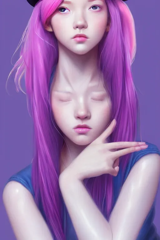 Image similar to gorgeous!!! hyper - realistic teenager girl with pink hair, light pink fedora hat and light pink jacket, with purple gloves, blue jeans and white shoes | drawn by wlop, drawn by jeehyung lee, drawn by artgerm | intricate, highly detailed, digital painting, character design, concept art, illustration, artstation