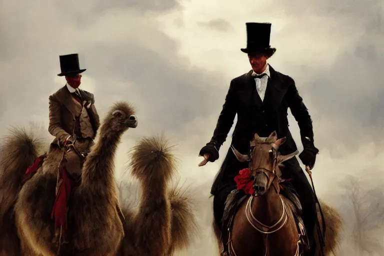 Image similar to portrait of a respectable dignified royal business elite politician wearing a top hat and coat tails riding on an emu, art by anders zorn, wonderful masterpiece by greg rutkowski, beautiful cinematic light, american romanticism by greg manchess, jessica rossier