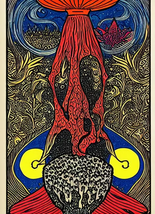 Image similar to tarot card designed by charles burns, painted with oil paint, depicting a drawing of amanita muscaria mushroom, high priest, ritual, dmt space, intricate, ornate