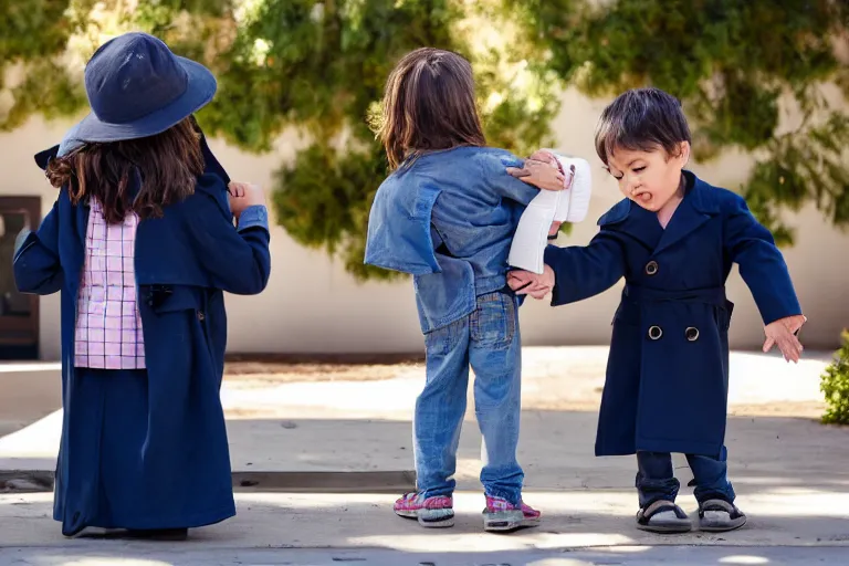 Image similar to two children stacked on top of one another in a trenchcoat buying a los angeles mansion from a real estate agent