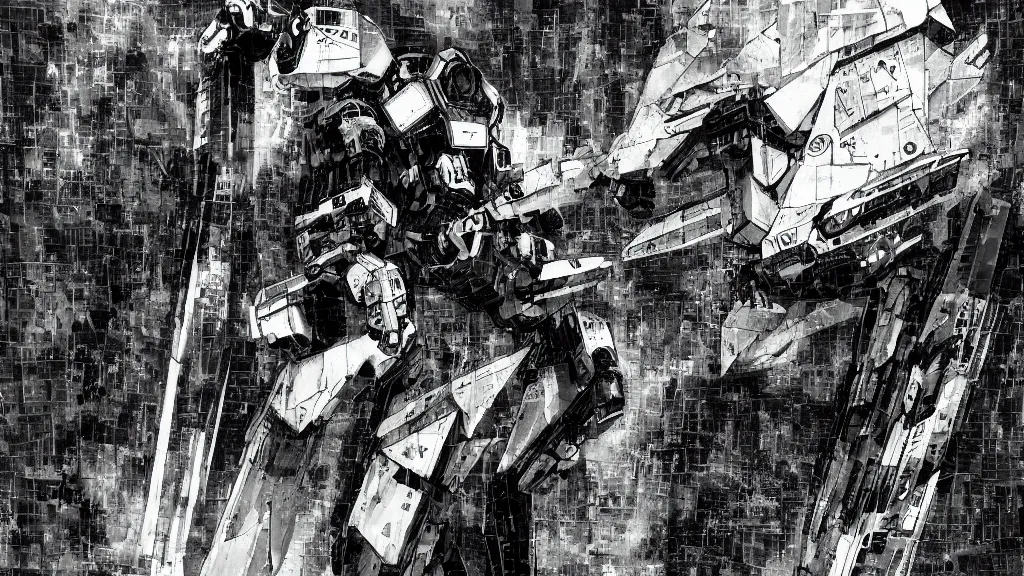 Image similar to abstract dystopian collage street art painting collage architectural elevation gundam mech drawing black and white mixed media by hiroki tsukuda