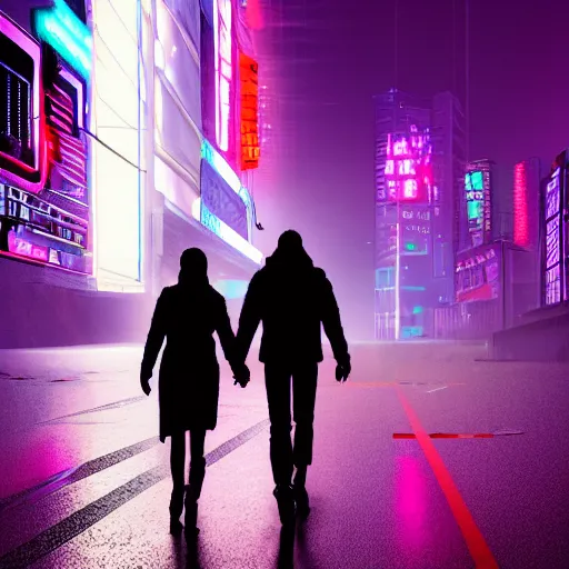 Prompt: cyberpunk, neon lights, wide aspect ratio, detailed, couple walking, rain, fog