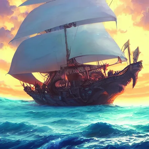 Image similar to sunny's pirate ship from one piece, cgsociety, fantasy art, 2 d game art, concept art, heavenly lighting, retrowave, behance hd, concept art by jesper ejsing, by rhads, makoto shinkai cyril rolando, madgwick