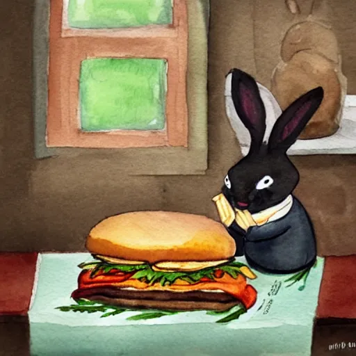 Image similar to a rabbit cooking a cheeseburger inside a small cozy kitchen, watercolour
