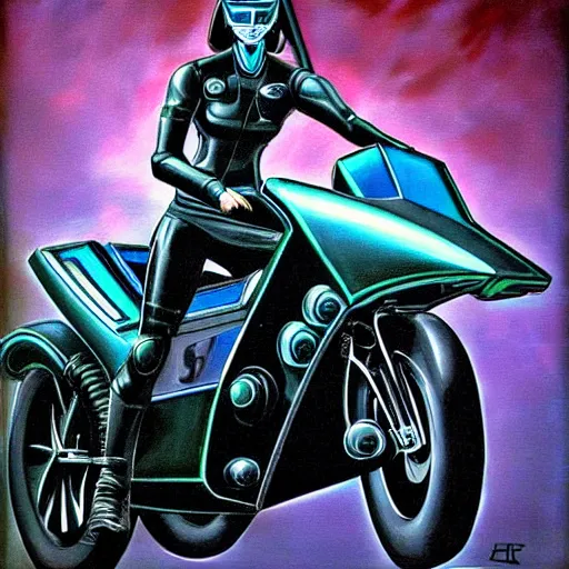 Image similar to painting of a female cop riding a futuristic motorcycle from tron by h. r. giger