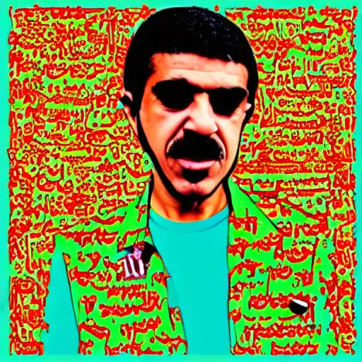 Prompt: omar souleyman in the style of daniel johnston and outsider art, 4k, overlaid with arabic letters